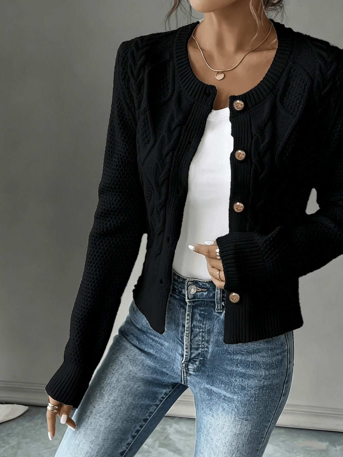 Cable-Knit Button-Front Cardigan