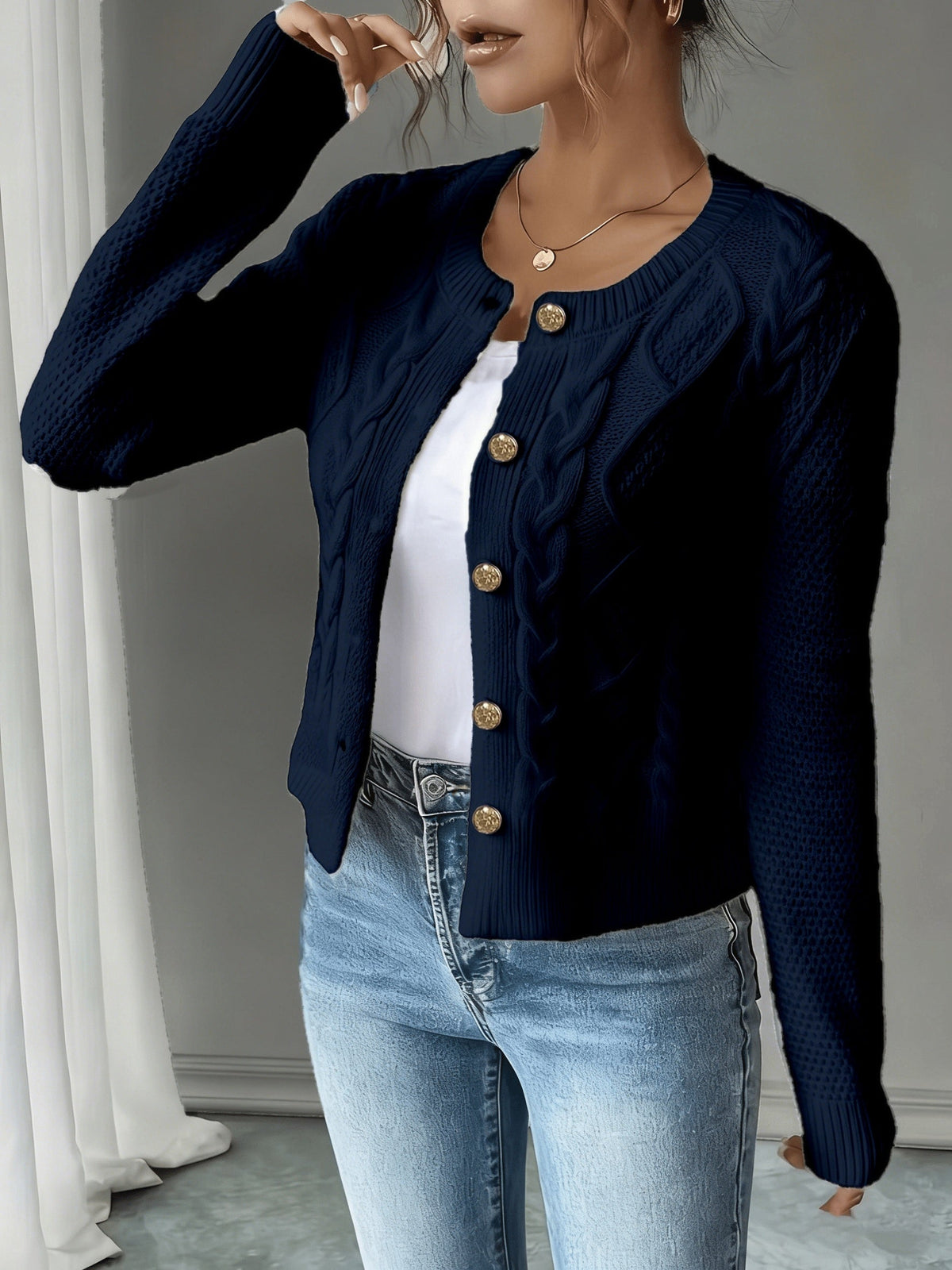 Cable-Knit Button-Front Cardigan