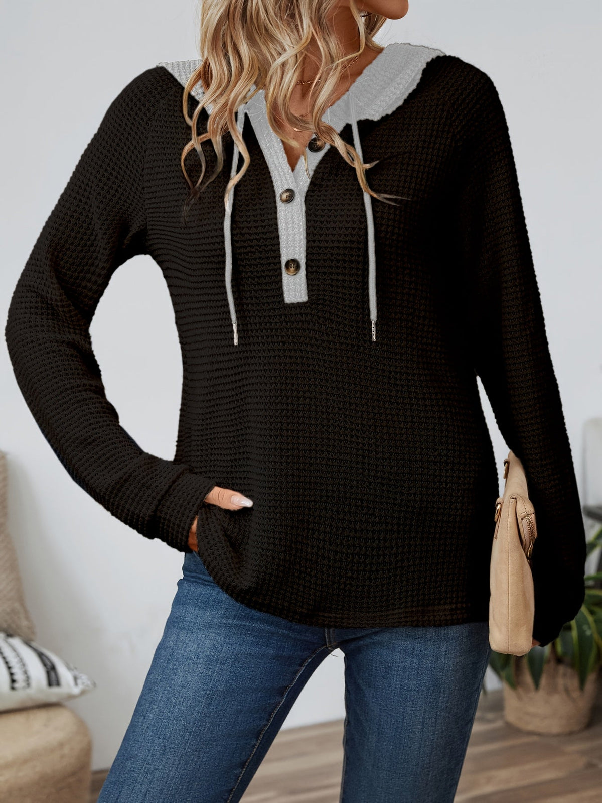 Relaxed Waffle-Knit Hooded Top