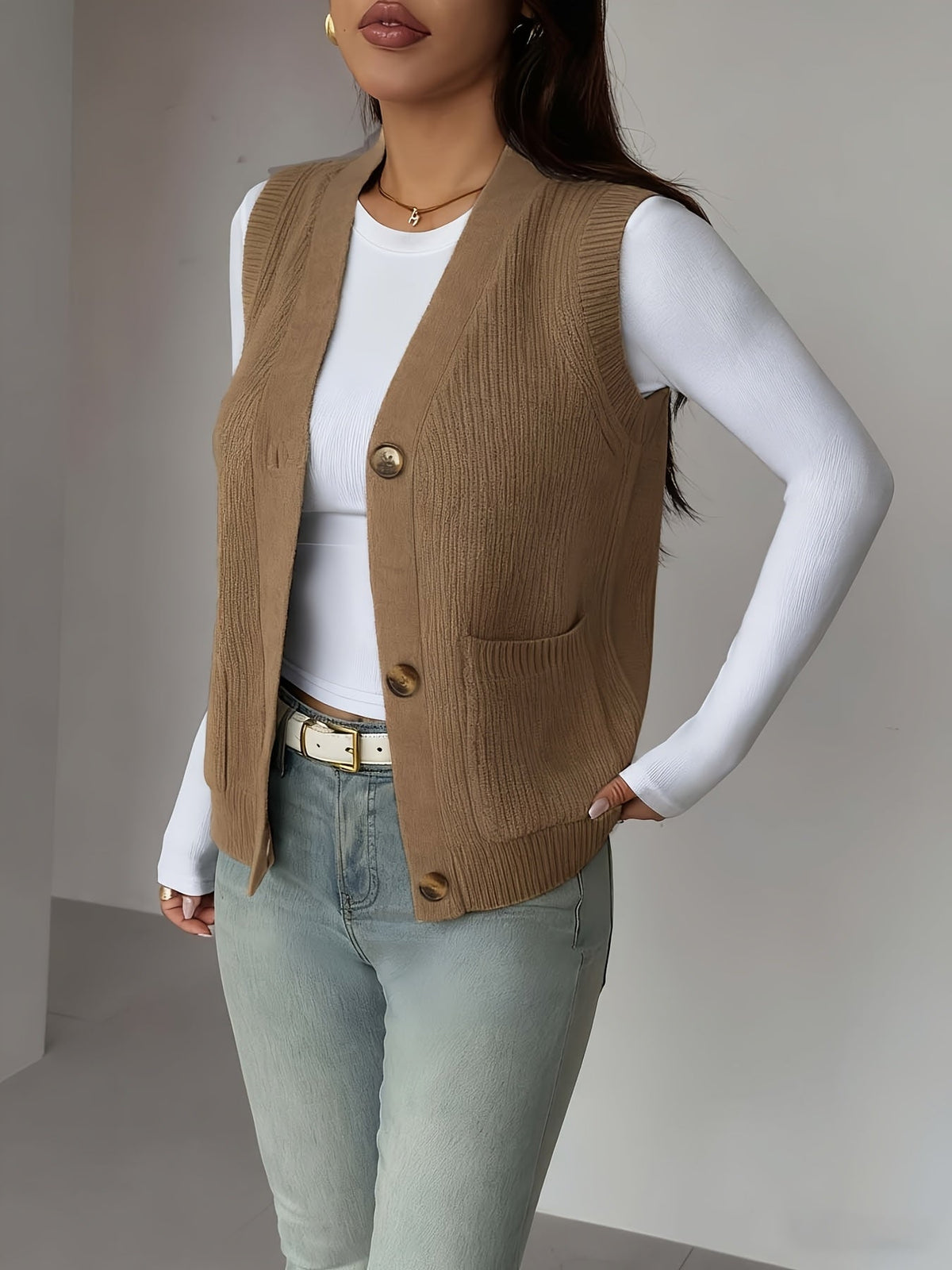 Buttoned V-Neck Knit Vest