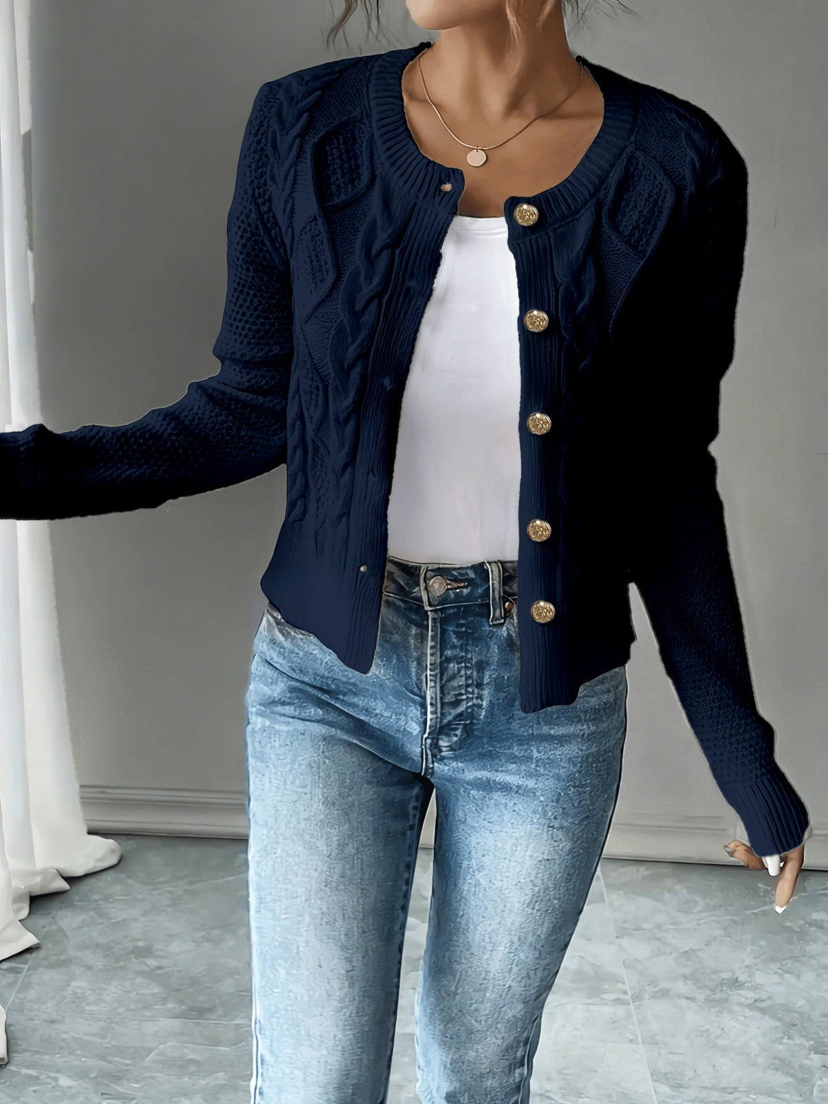 Cable-Knit Button-Front Cardigan