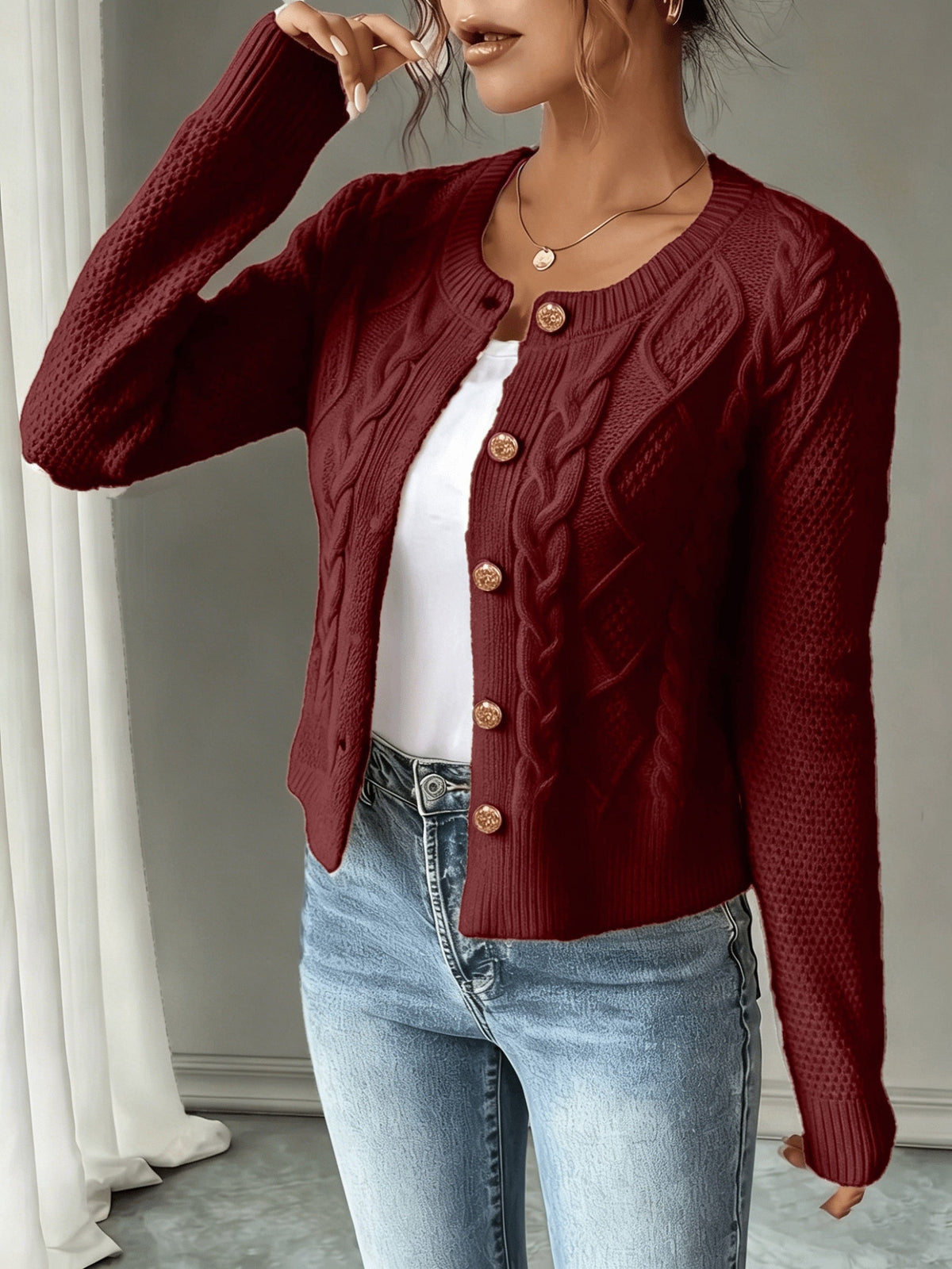 Cable-Knit Button-Front Cardigan