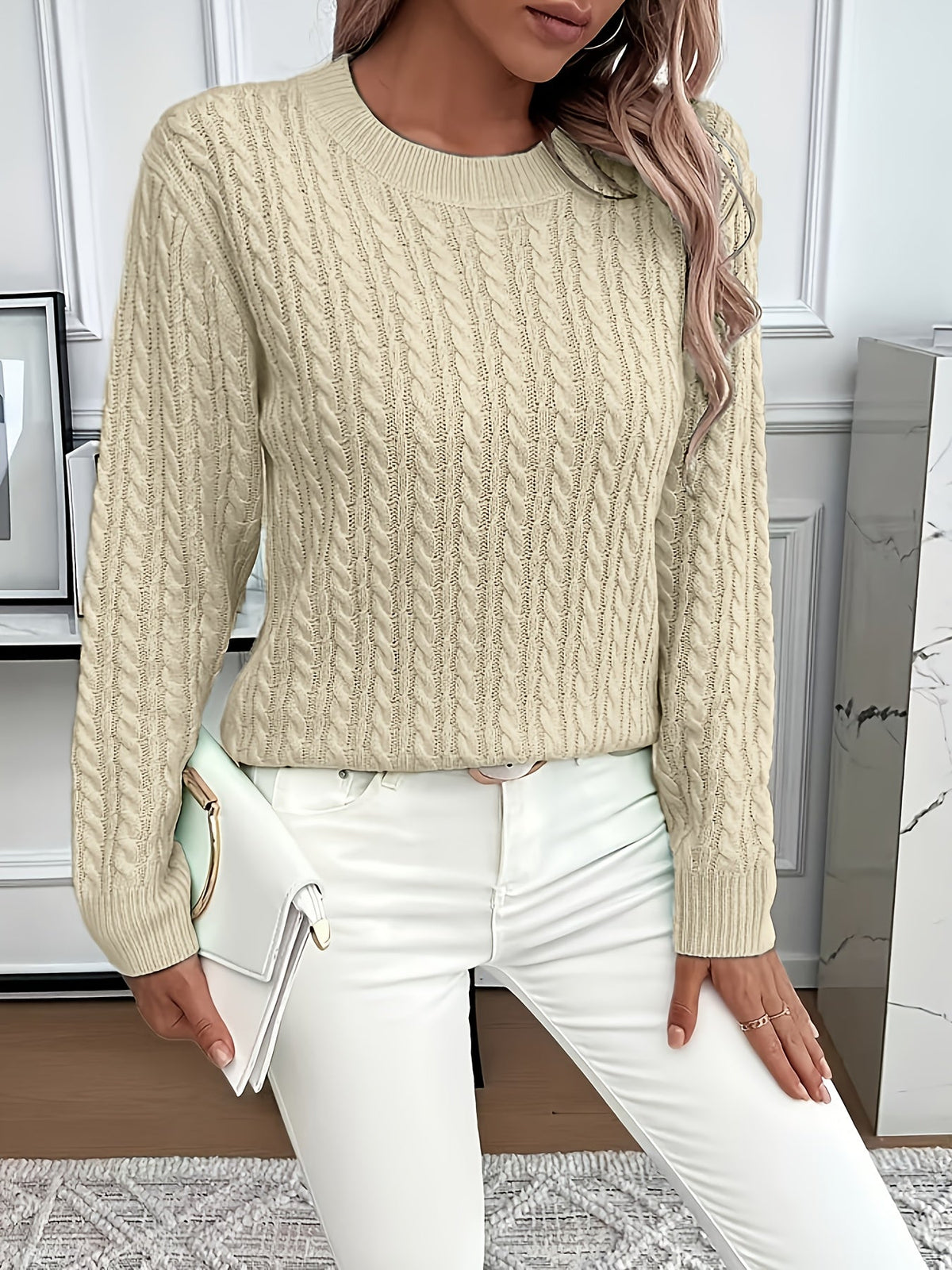 Cable-Knit Round Neck Sweater