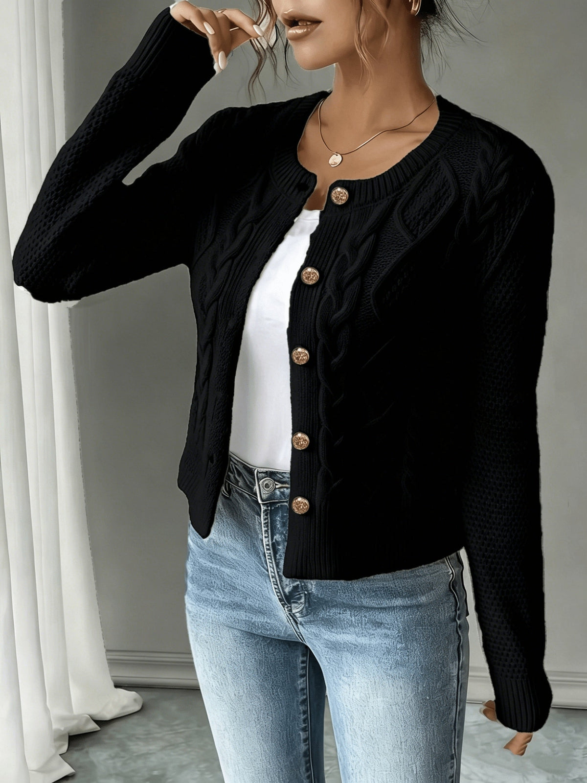 Cable-Knit Button-Front Cardigan