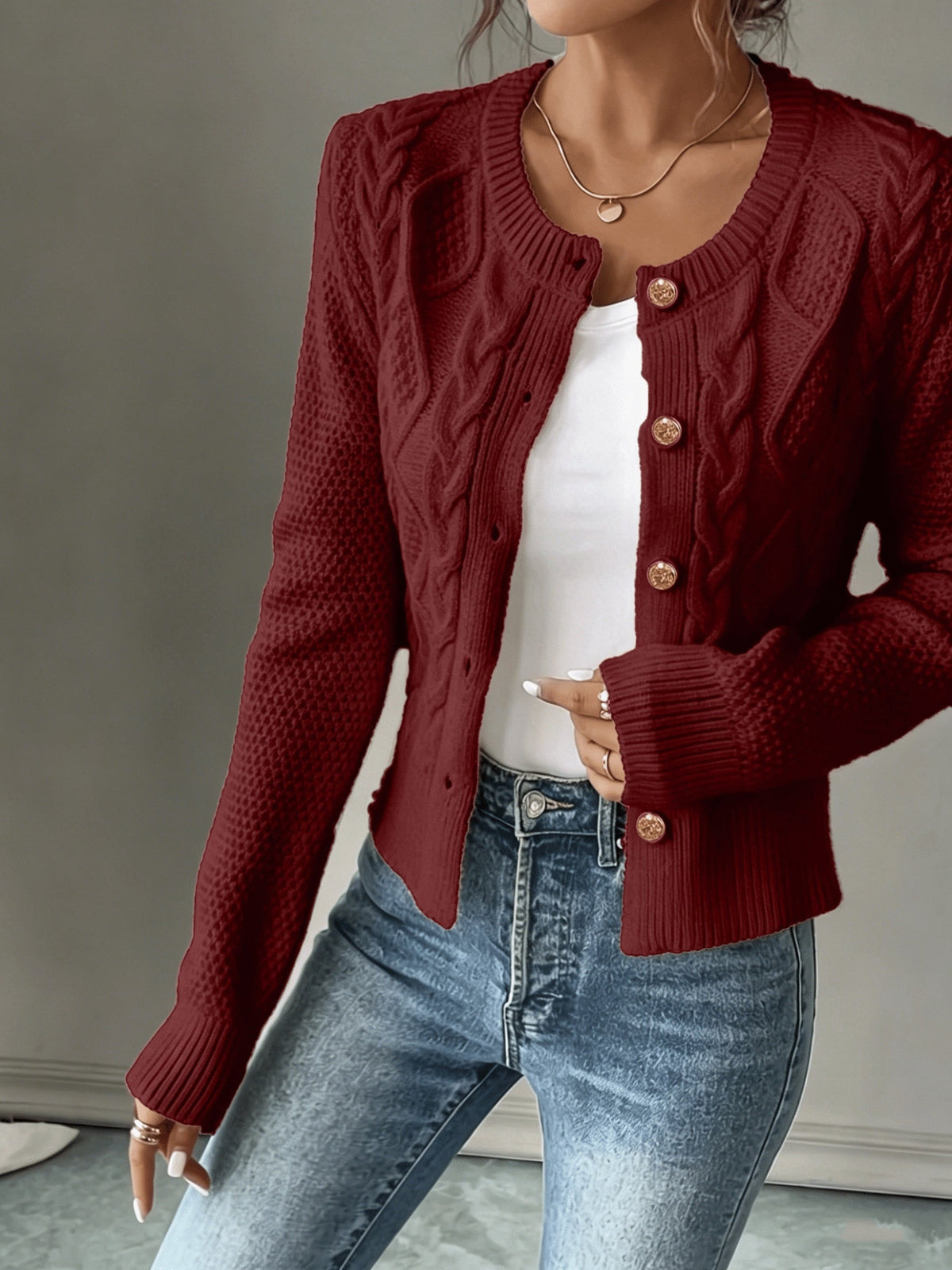 Cable-Knit Button-Front Cardigan