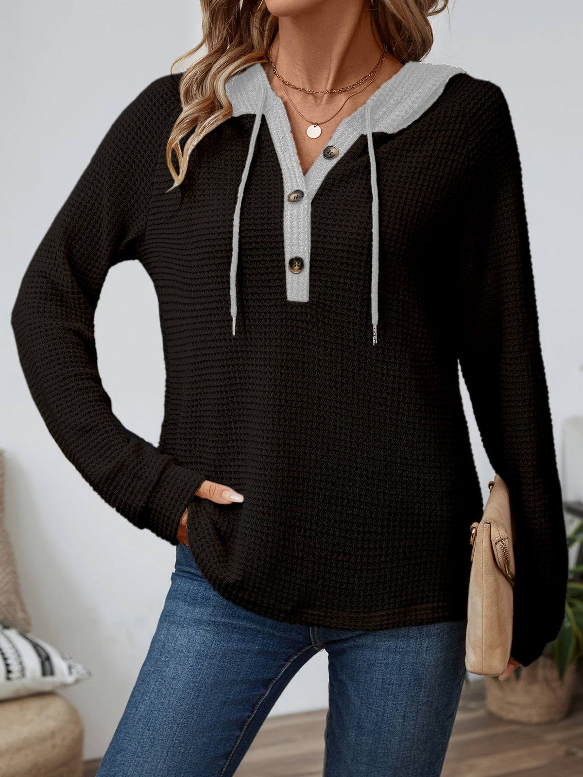Relaxed Waffle-Knit Hooded Top