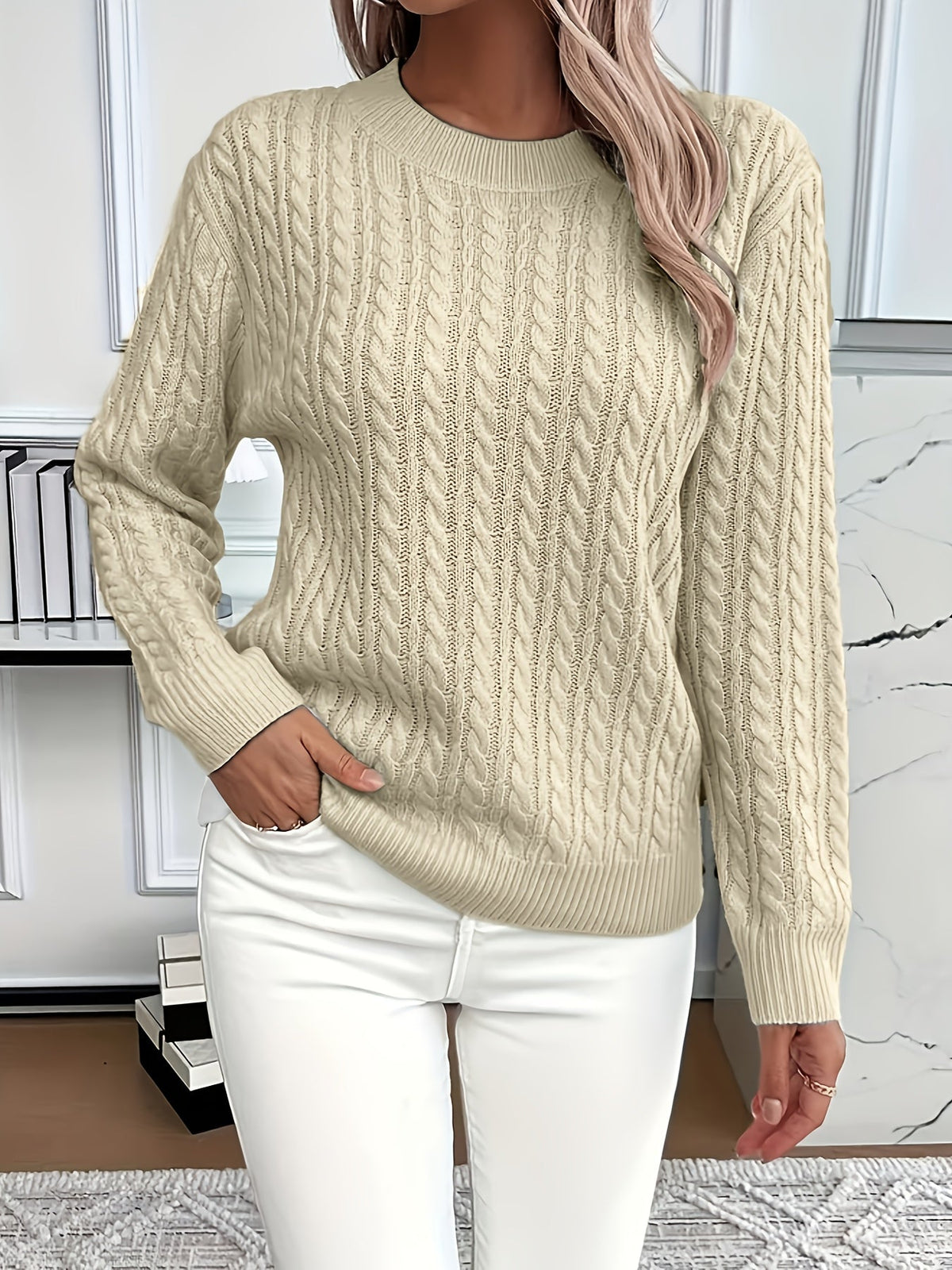 Cable-Knit Round Neck Sweater