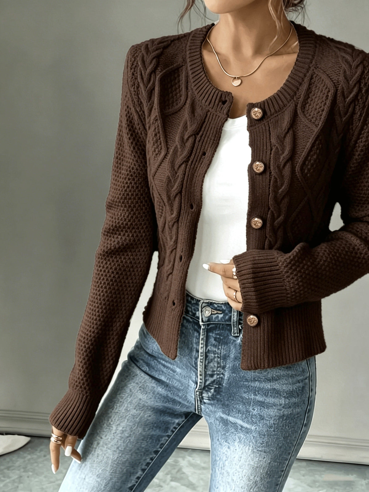 Cable-Knit Button-Front Cardigan