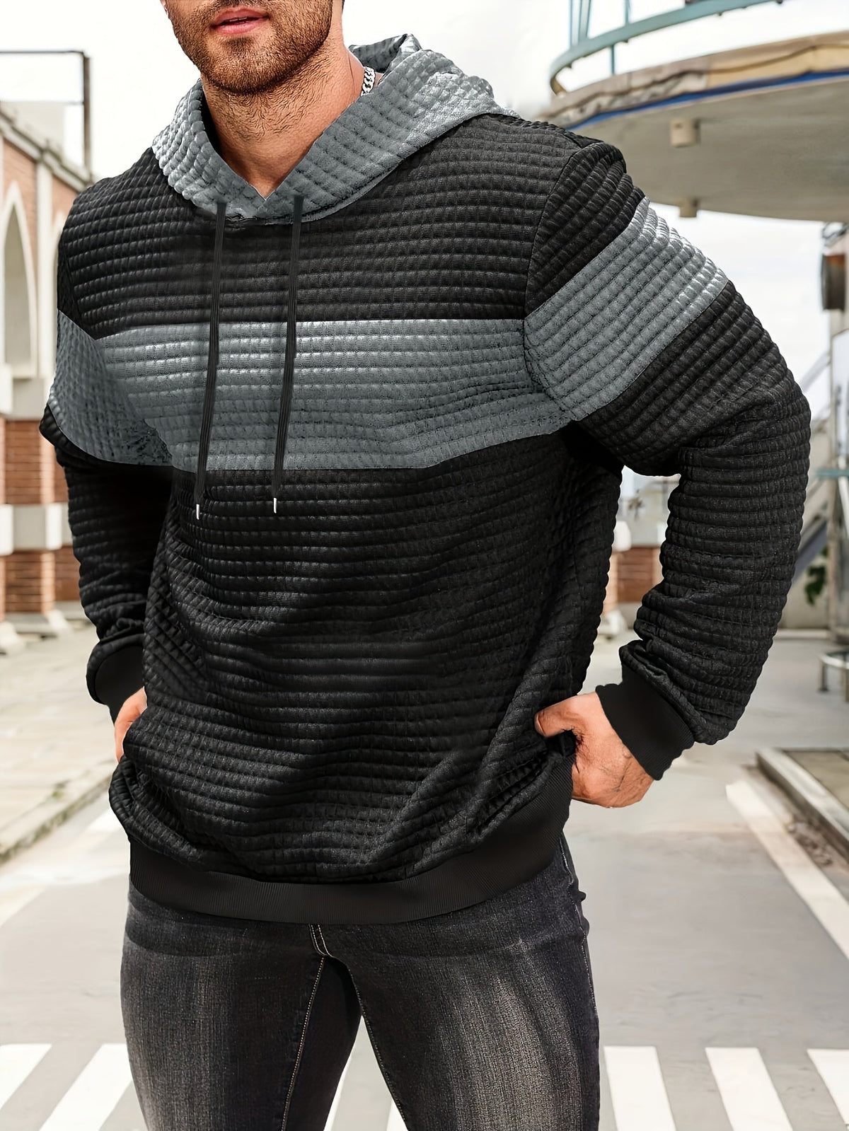 Textured Color-Block Hoodie