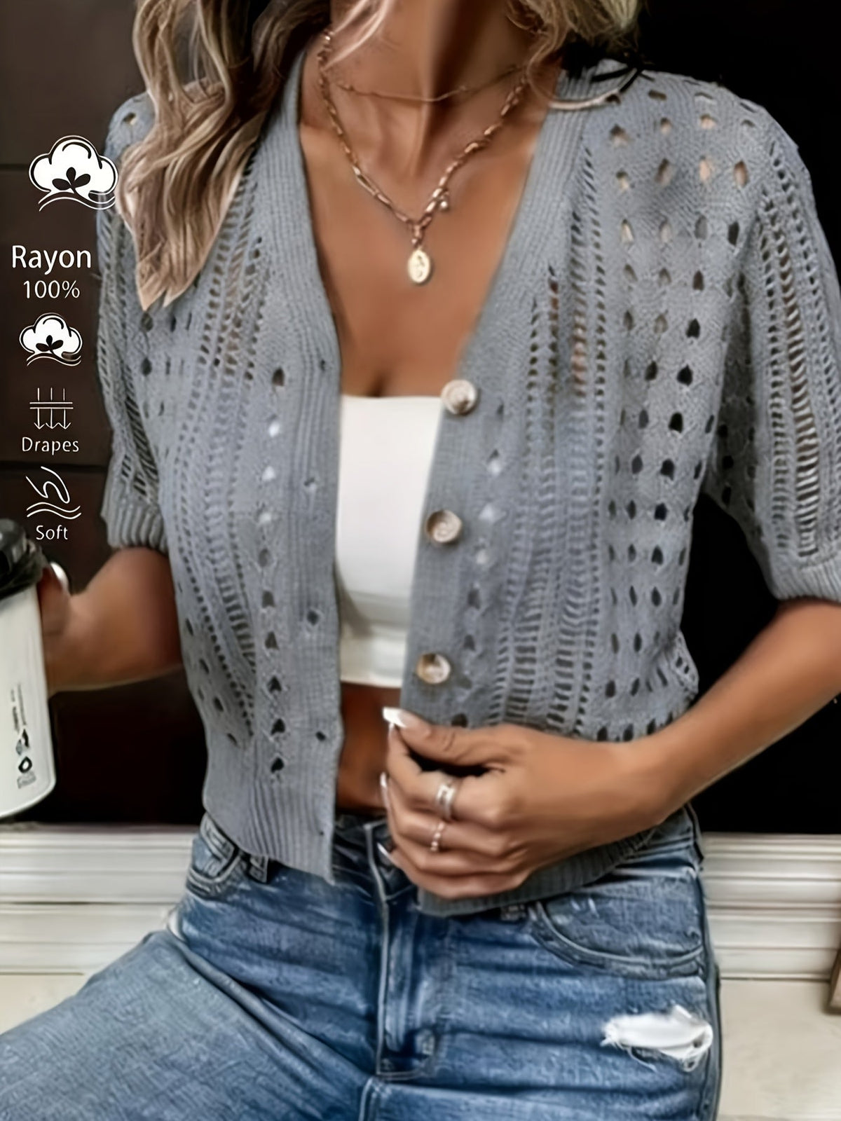 Open-Knit Short-Sleeve Cardigan