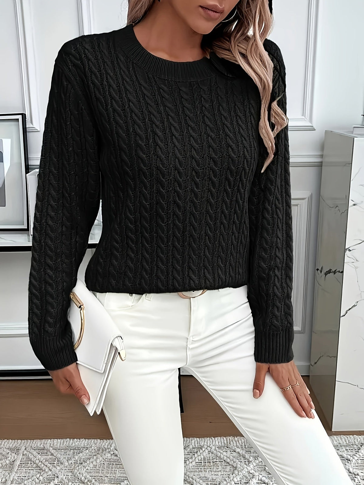 Cable-Knit Round Neck Sweater