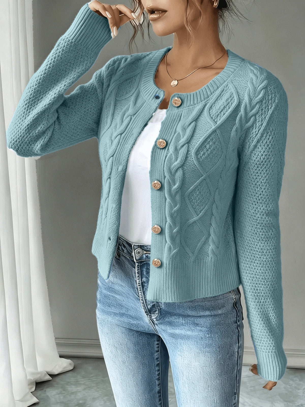 Cable-Knit Button-Front Cardigan