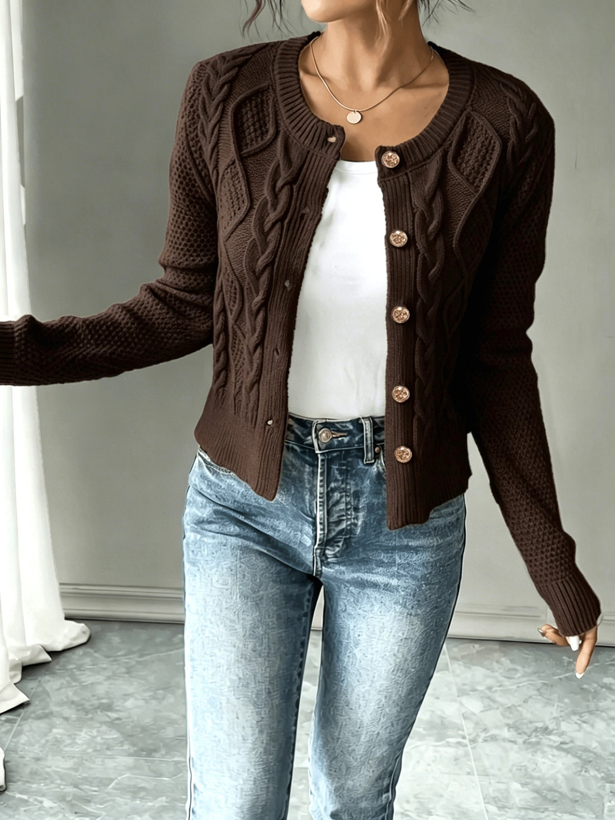 Cable-Knit Button-Front Cardigan
