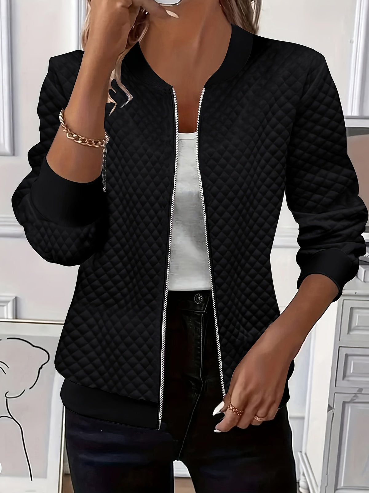 Quilted-Texture Baseball Jacket