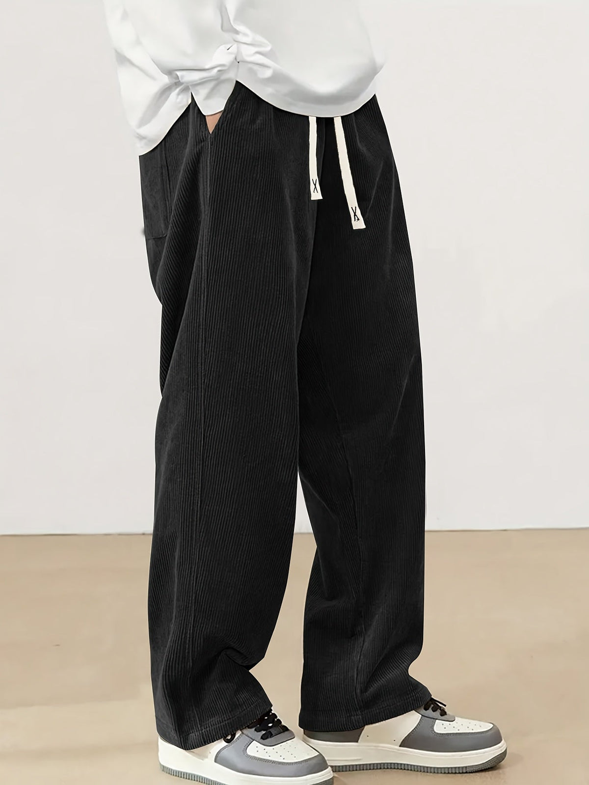 Relaxed Straight-Leg Ribbed Trousers