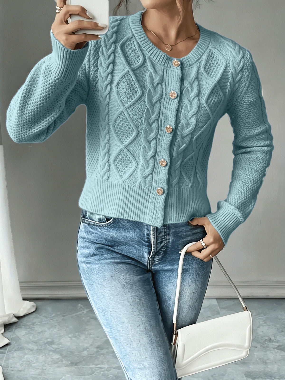 Cable-Knit Button-Front Cardigan