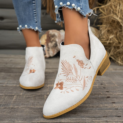 Embroidered Low-Heel Ankle Boots