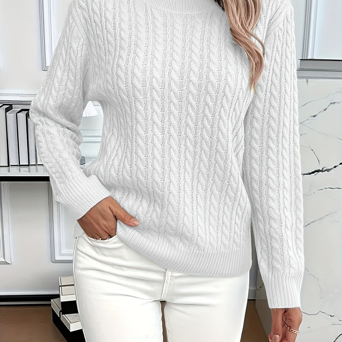 Cable-Knit Round Neck Sweater