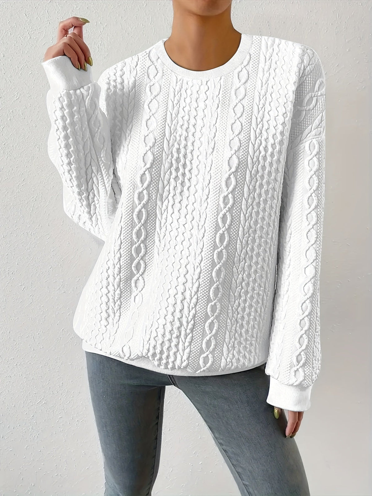 Textured Cable-Knit Crewneck Sweatshirt