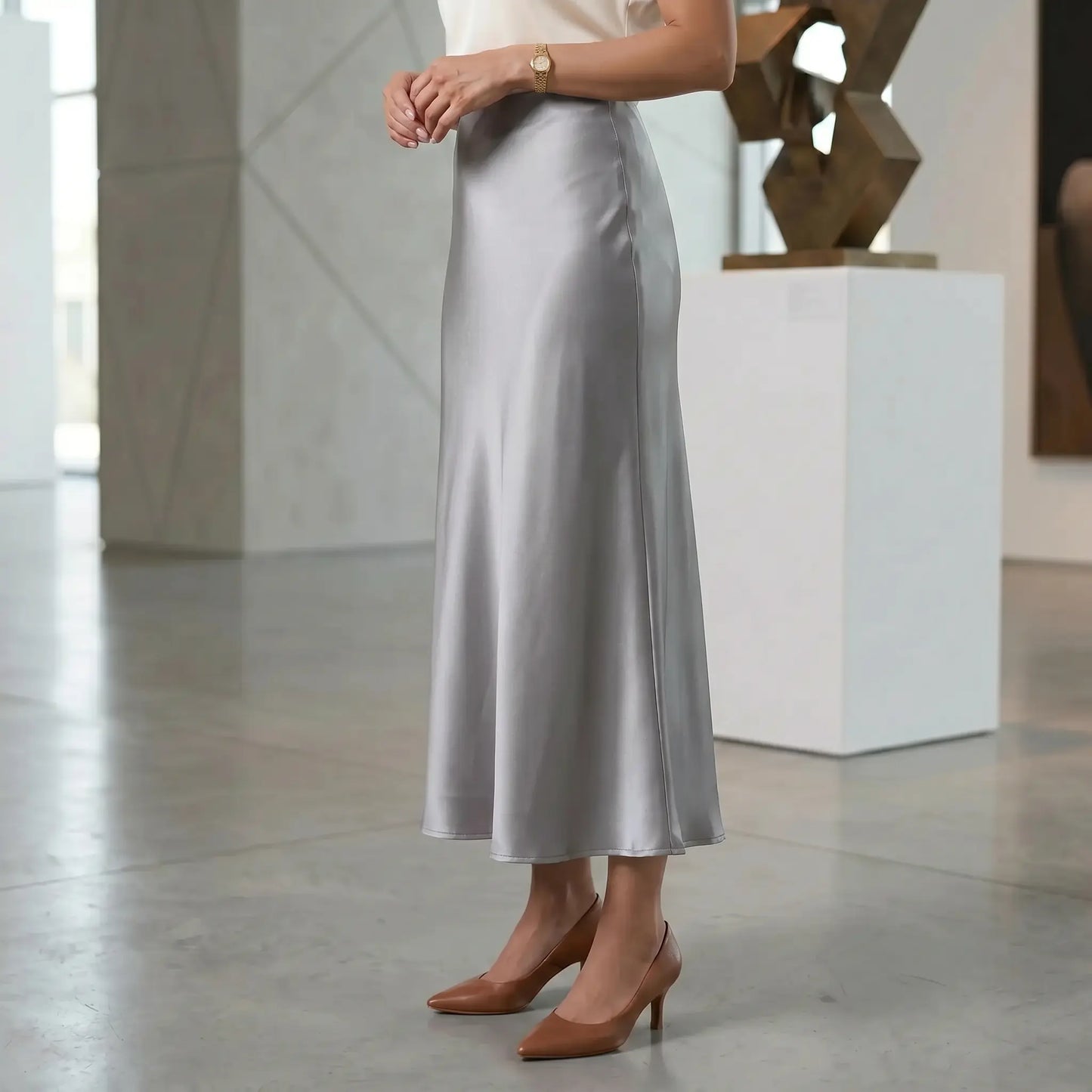 Niraxi - High-Waisted Satin Midi Skirt