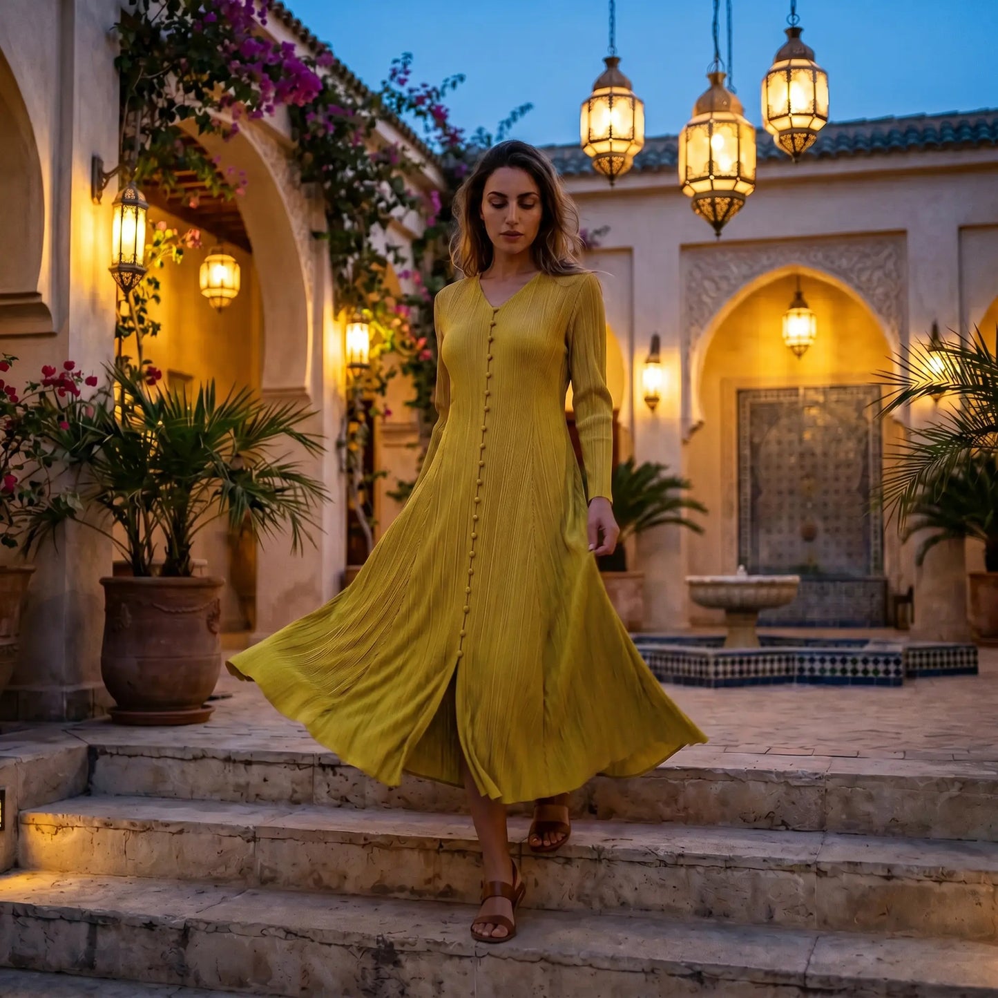 Zethrin - Pleated V-Neck Midi Dress