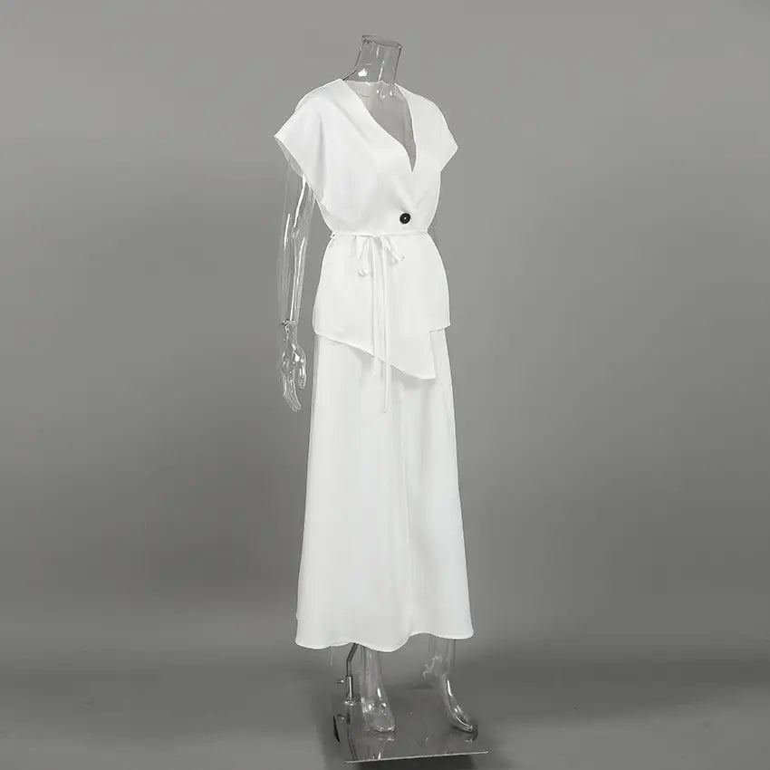 Xanthel - Elegant White Set, Belted Two-Piece