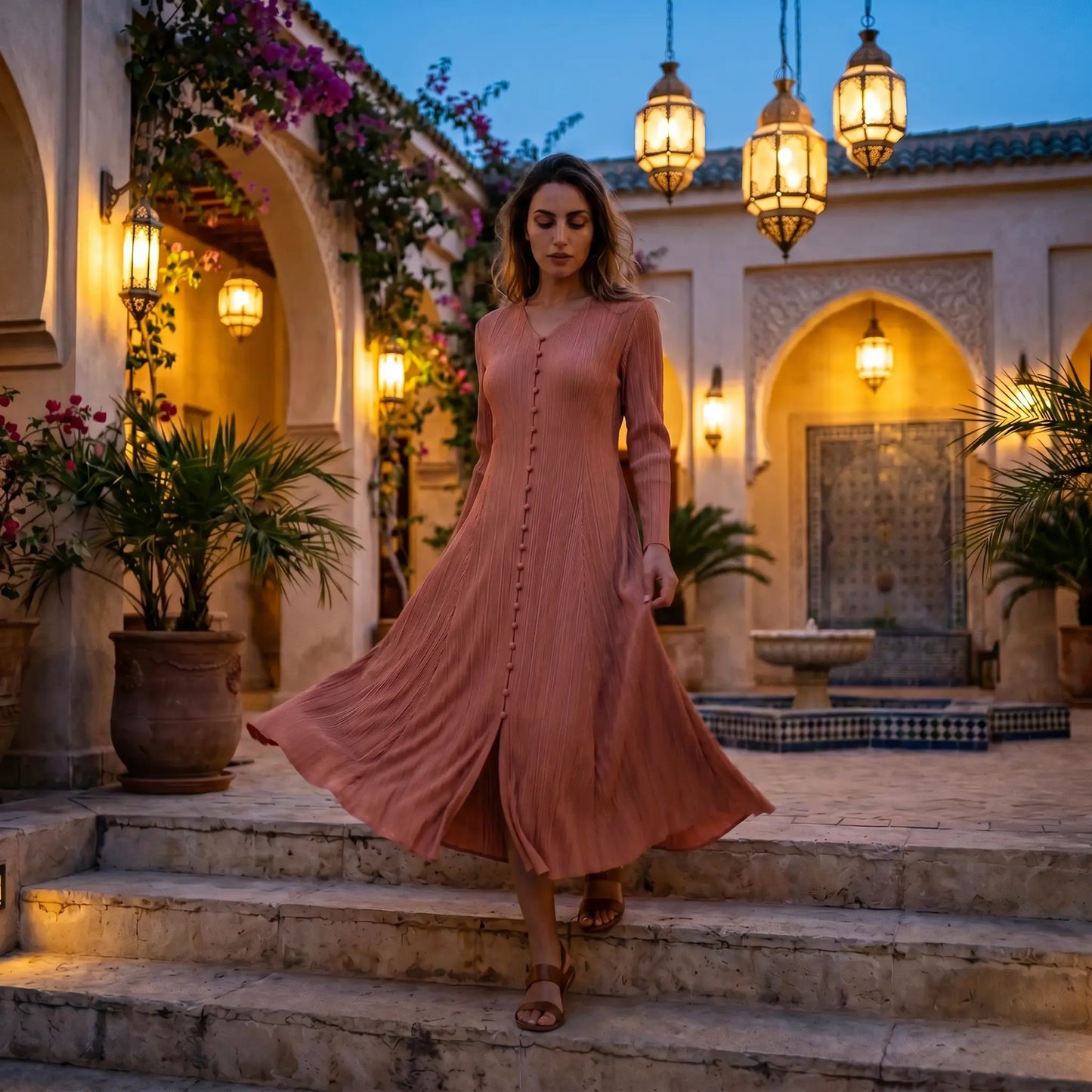 Zethrin - Pleated V-Neck Midi Dress