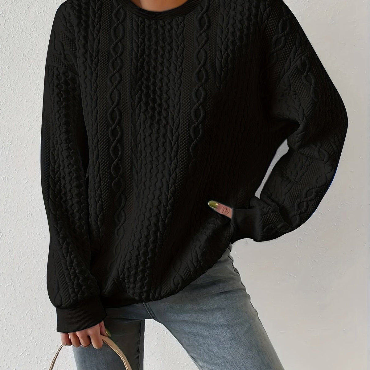 Textured Cable-Knit Crewneck Sweatshirt