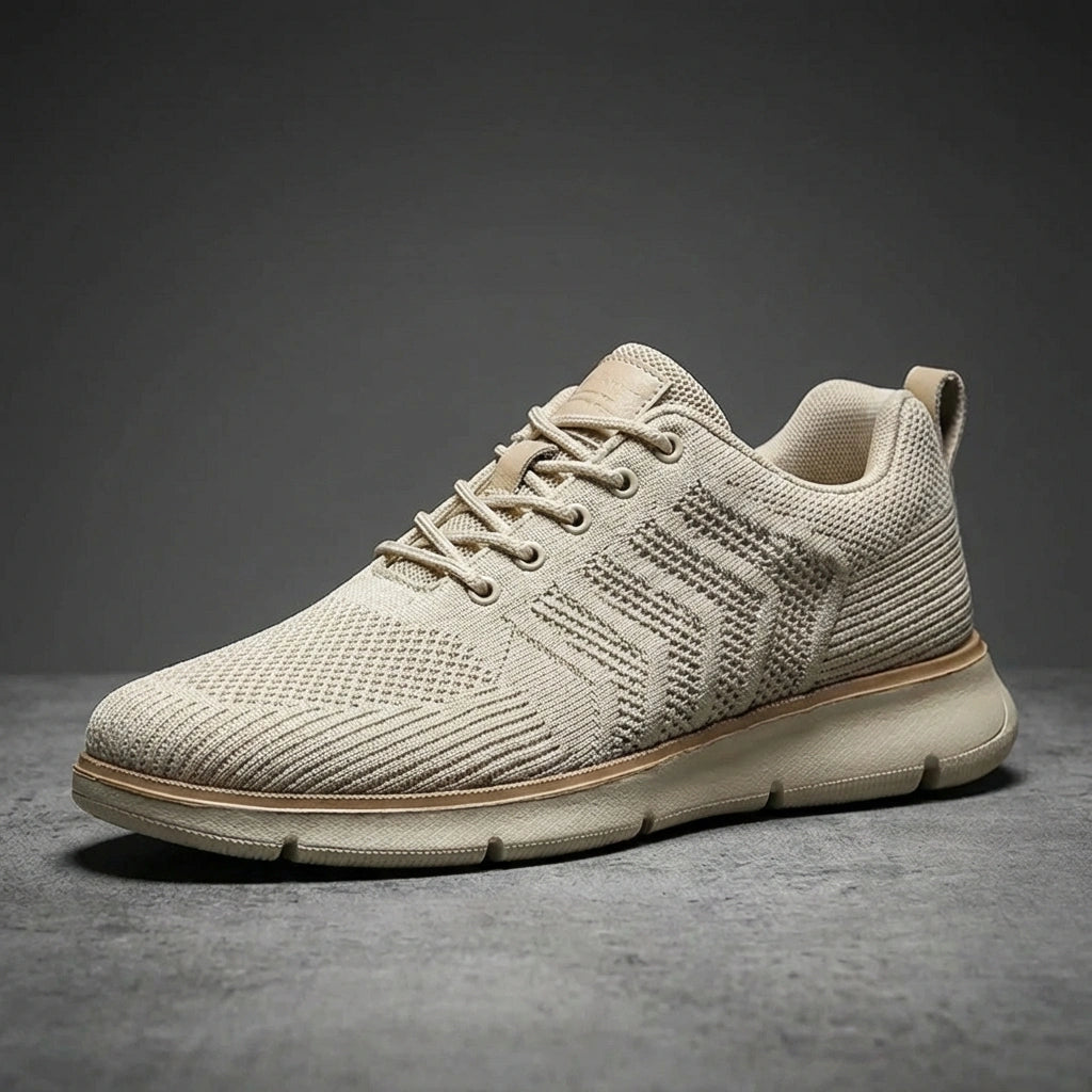 Aerostride Men's Breathable Knit Sneakers in beige, side view showing the textured mesh upper and shock-absorbing EVA sole.
