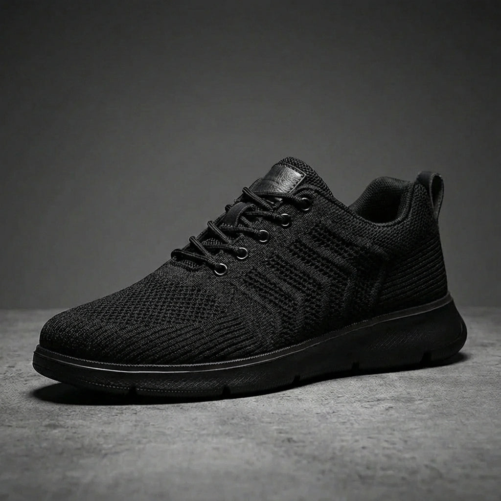 Aerostride men's breathable knit sneakers in black, side view displaying the textured mesh upper and monochromatic EVA sole.