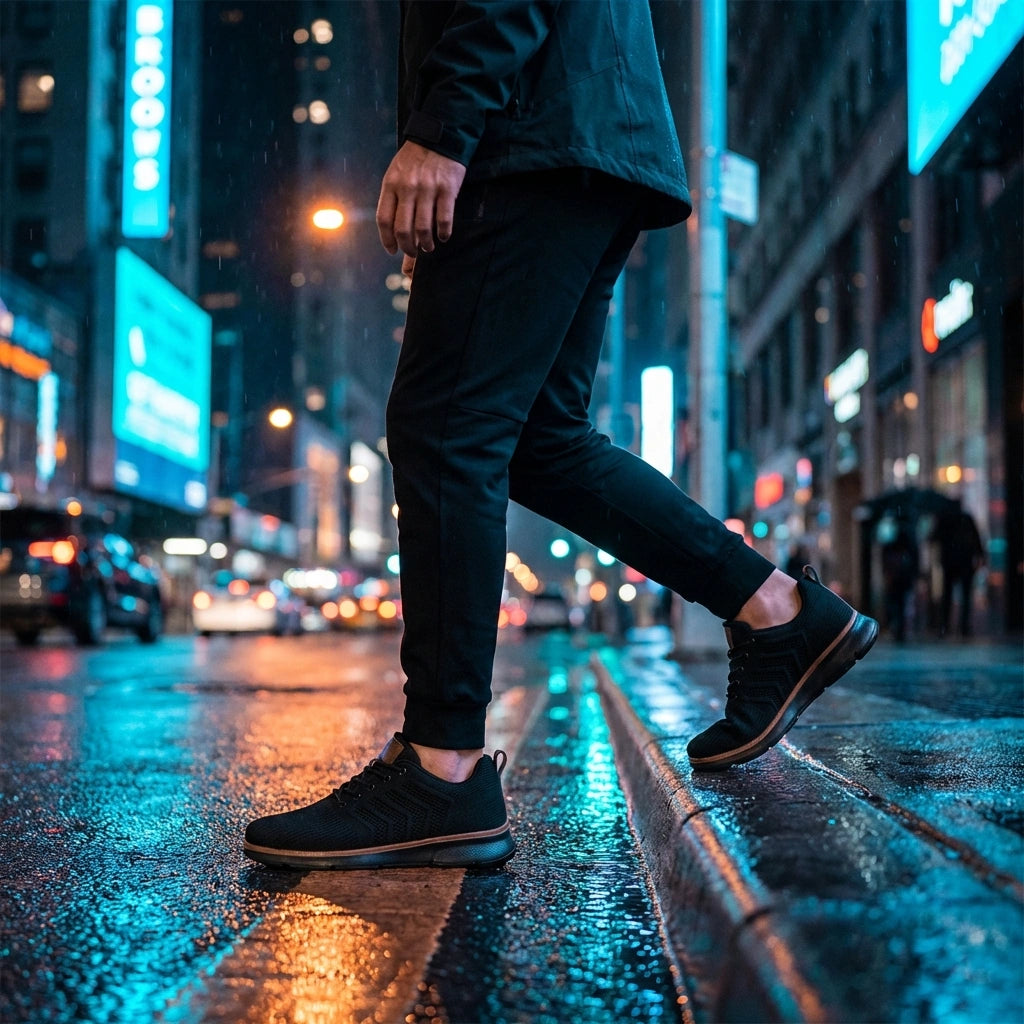 Aerostride Knit Urban Comfort sneakers in black worn on a wet city street, showing the side profile and anti-slip outsole traction.