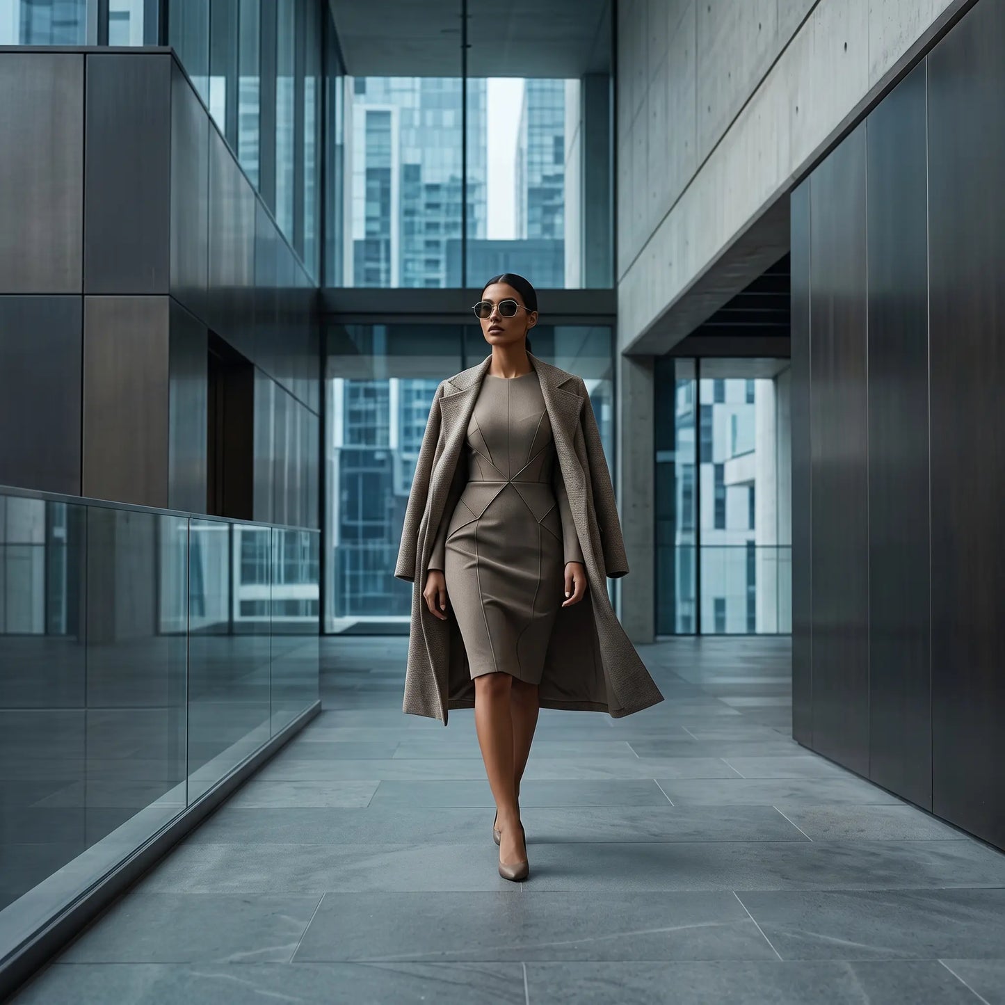 A sophisticated woman walks in a modern architectural setting wearing elegant octagonal Aethel sunglasses with gold-tone metal frames and dark grey lenses, paired with a tailored dress and long coat.
