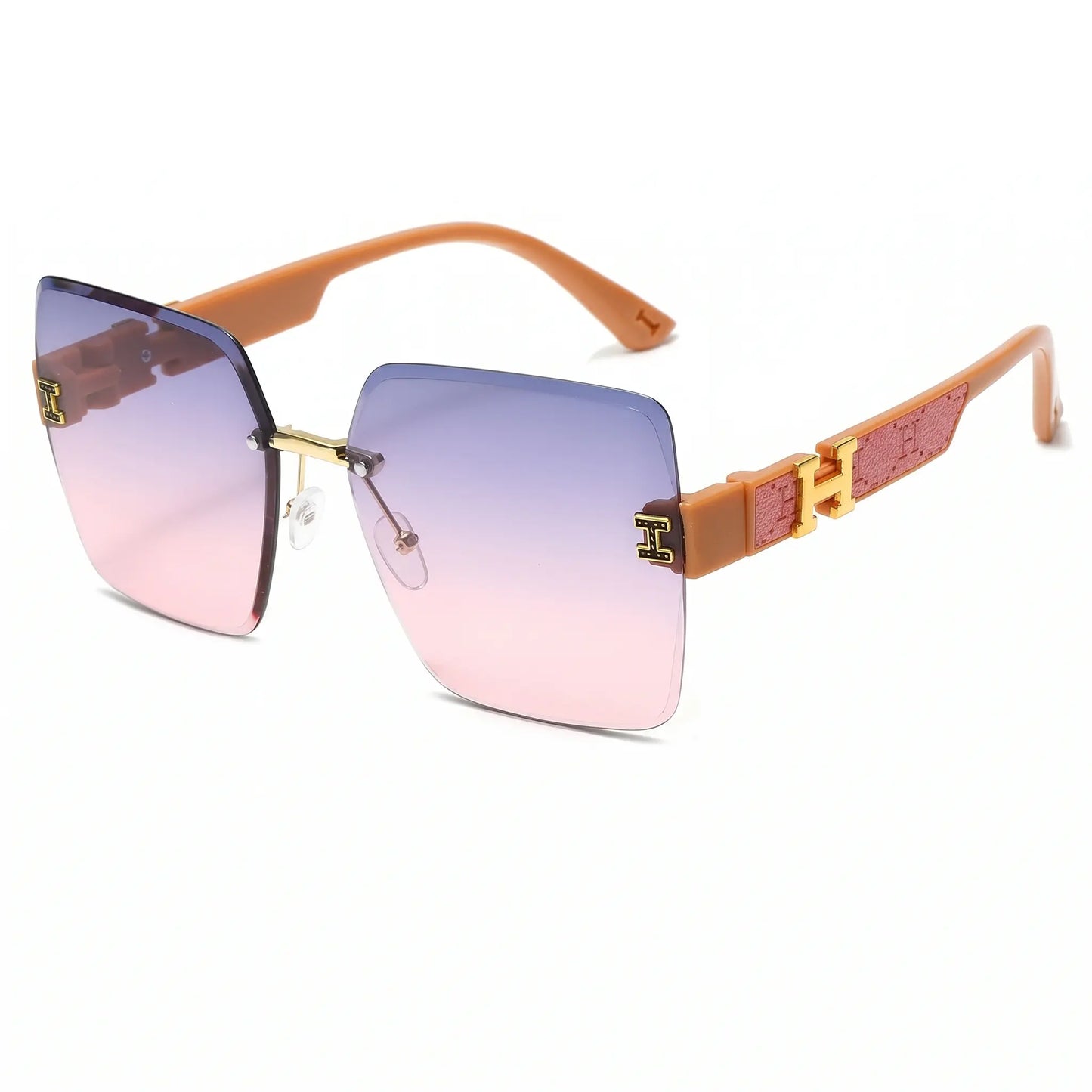Aethel oversized square sunglasses with gradient purple and pink lenses, featuring brown temples with gold 'H' logo accents, shown in a three-quarter view.