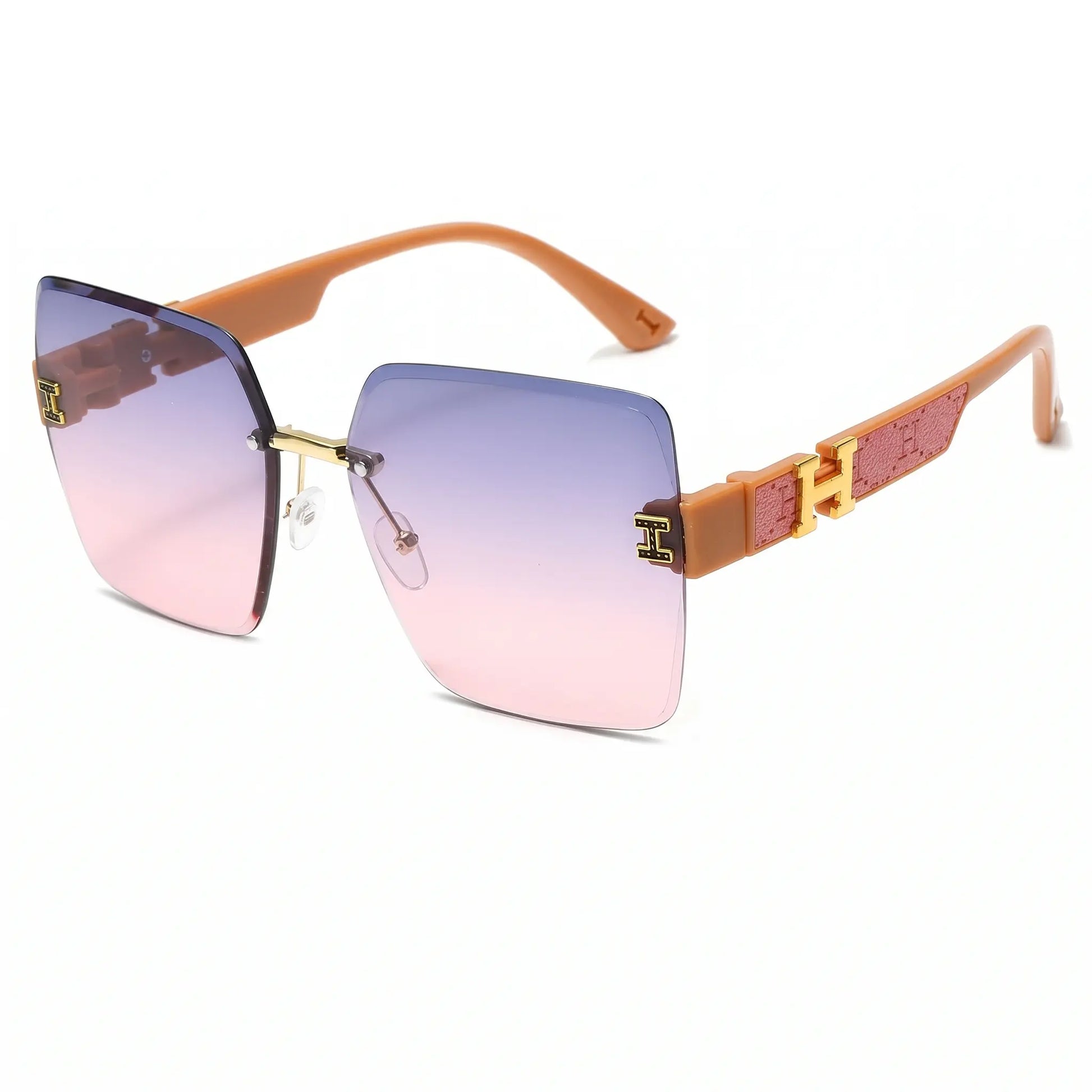 Aethel oversized square sunglasses with gradient purple and pink lenses, featuring brown temples with gold 'H' logo accents, shown in a three-quarter view.