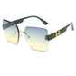 Aethel oversized square rimless sunglasses with gradient blue-to-yellow lenses and dark green temples featuring gold 'H' logo accents and a gold bridge.