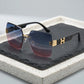 Oversized square Aethel sunglasses featuring a gradient blue to pink lens and gold-toned 'H' logo accents on the black temples.