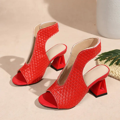 Aethel women's red peep-toe block heel sandals with woven texture on the vamp and a geometric heel design, shown from a three-quarter angle.