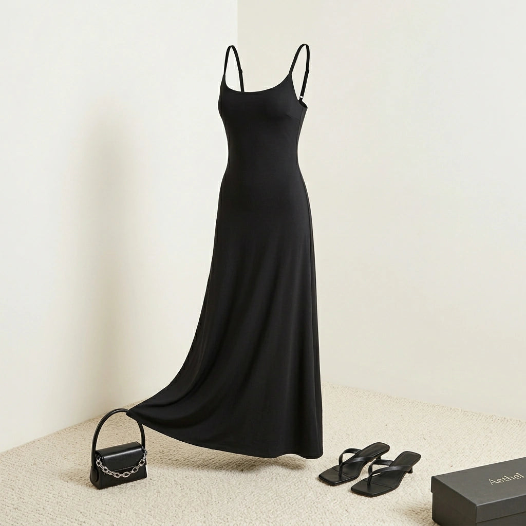 Aethel sleek black maxi dress with adjustable spaghetti straps and a flowing A-line skirt, displayed in a minimalist studio setting.