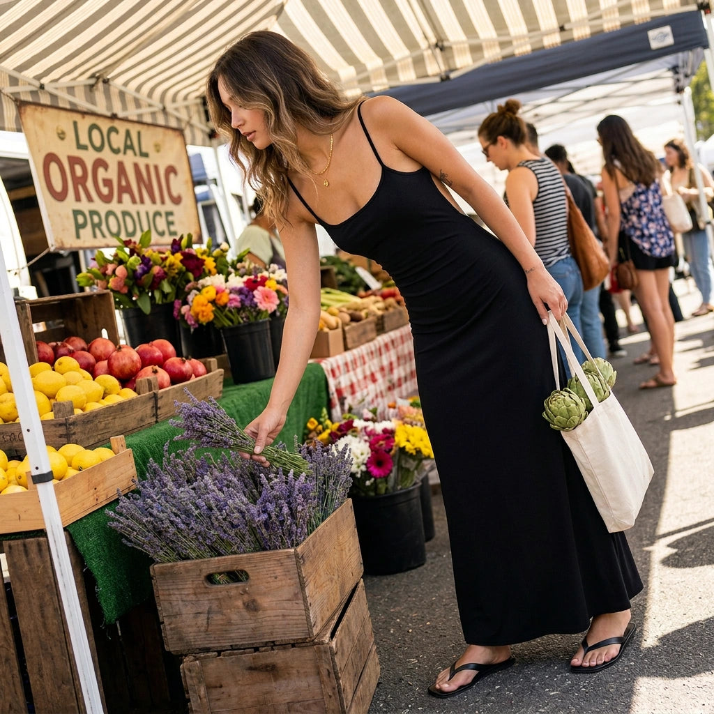 Aethel sleek black maxi dress with spaghetti straps worn by a woman at a farmers market, showing the form-fitting silhouette.