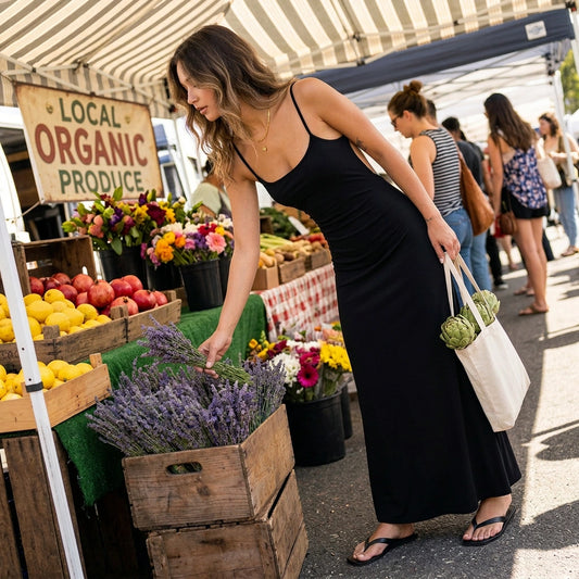 Aethel sleek black maxi dress with spaghetti straps worn by a woman at a farmers market, showing the form-fitting silhouette.