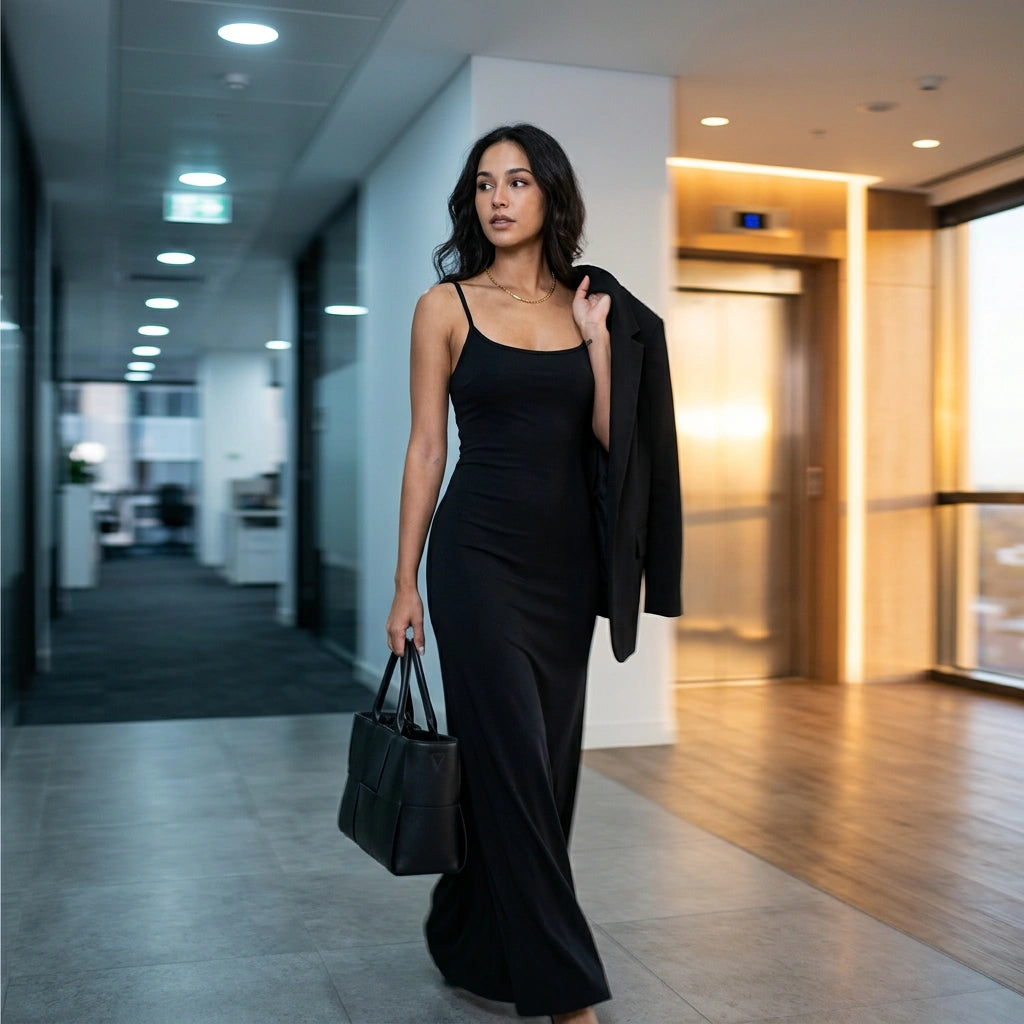 Aethel sleek maxi dress in black worn by a woman walking in an office, styled with a blazer and handbag for a professional look.