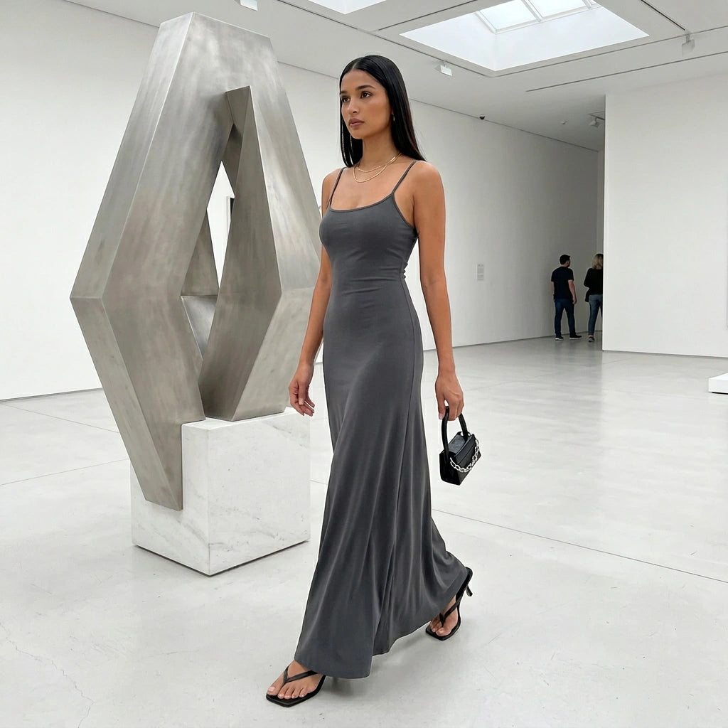 Aethel sleek maxi dress in charcoal grey with spaghetti straps, worn by a model walking in a modern art gallery.