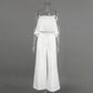 Aethel white strapless ruffle crop top and high-waisted wide-leg trousers set displayed on a mannequin, front view.