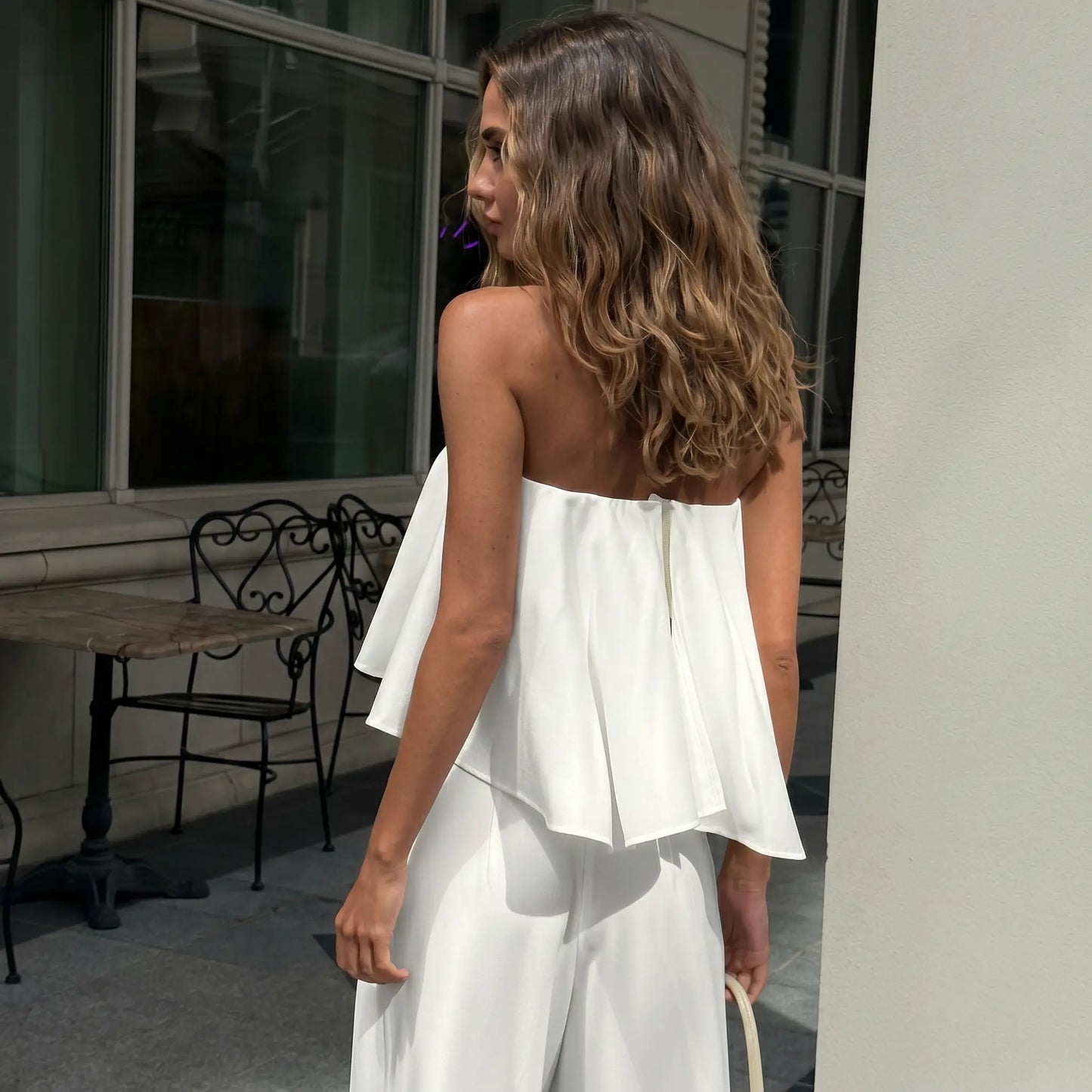 Aethel - White Ruffle Crop Top Wide Leg Trousers Set