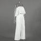 Aethel white strapless ruffled crop top and high-waisted wide-leg trousers set displayed on a mannequin from the side.