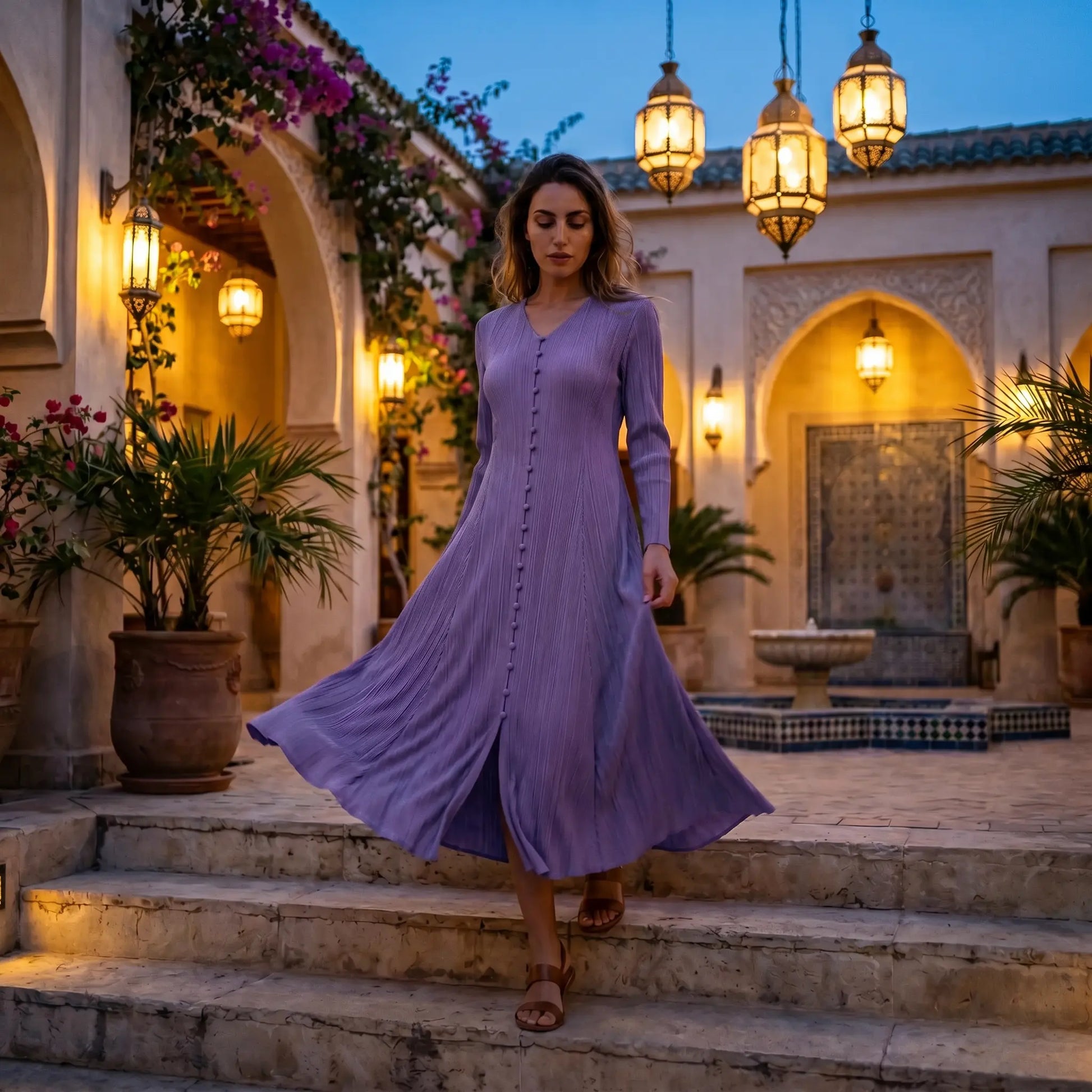 Amethyst Purple pleated V-neck midi dress with long sleeves, flowing on a woman descending steps in an illuminated evening setting.