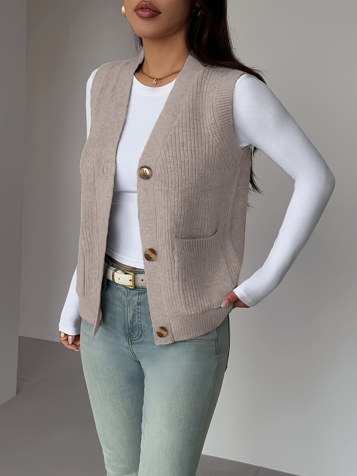 Buttoned V-Neck Knit Vest