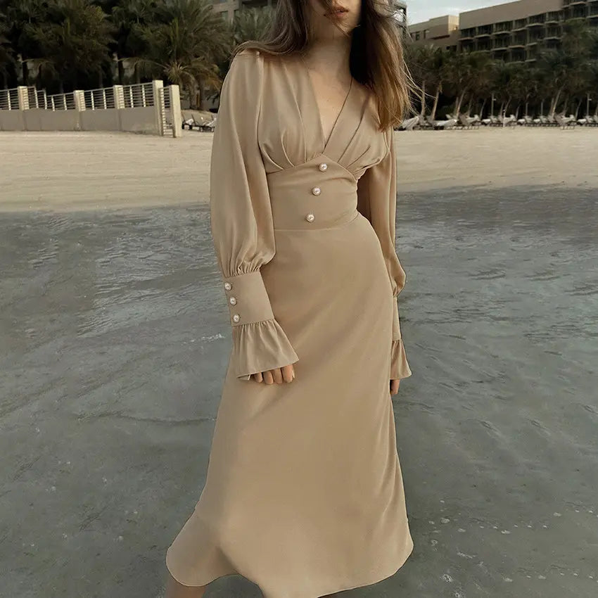 Chiffon Lantern Sleeve Midi Dress