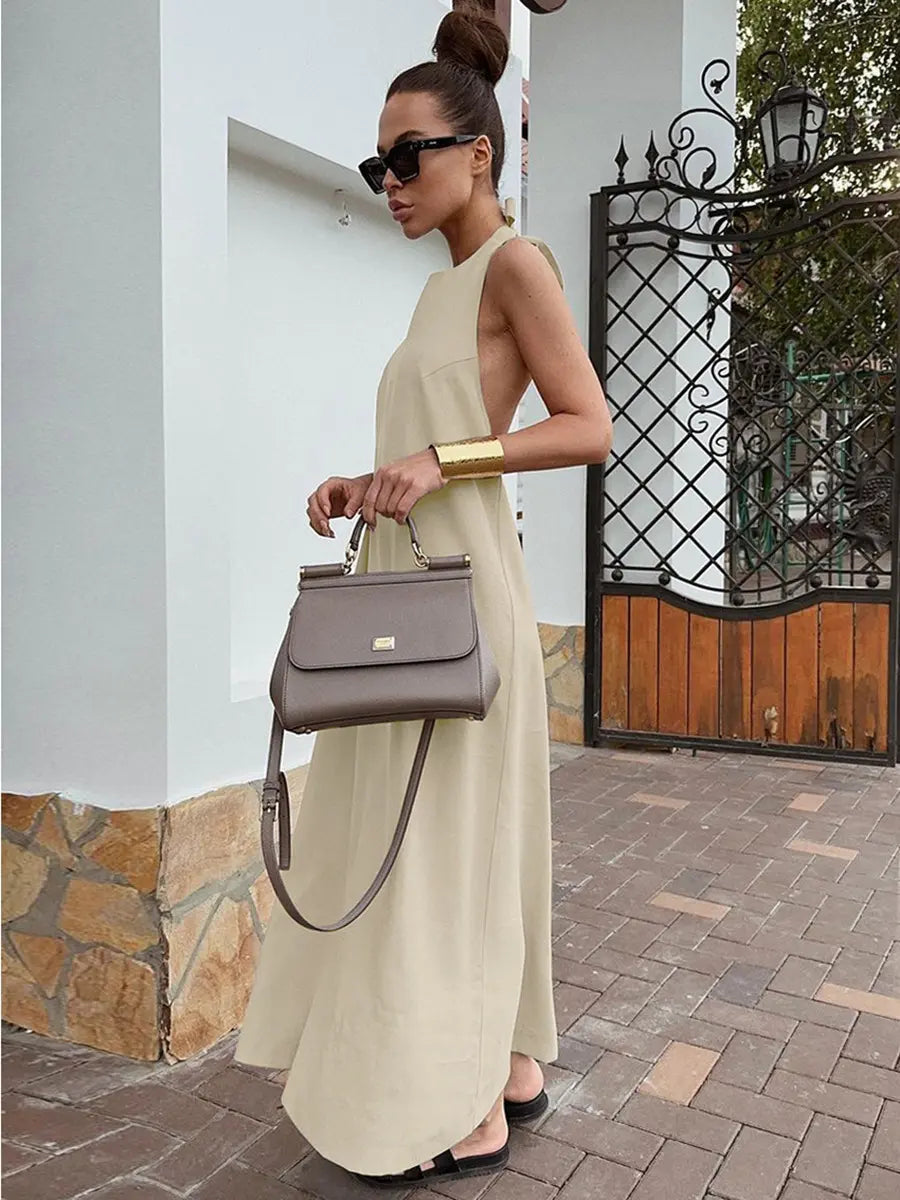 Halter Neck Maxi Dress | Sleeveless | A-Line | Cotton Linen Blend