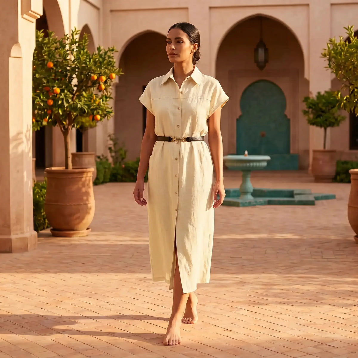 A woman walks in a warm beige linen-blend midi shirt dress with a black belt cinching her waist, featuring short cap sleeves and a thigh-high slit, in a sunny courtyard setting.